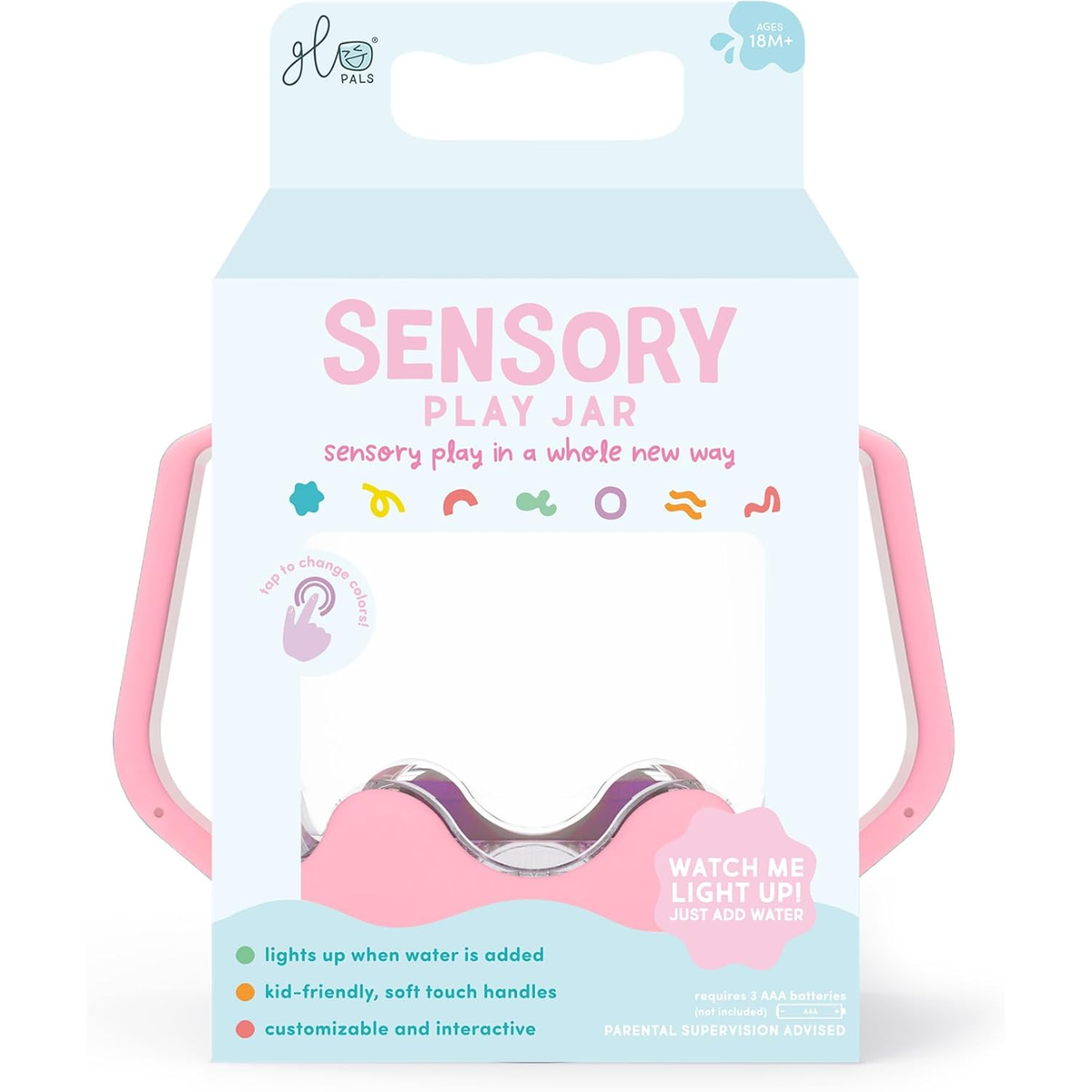 Packaging box for a Glo Pals pink Sensory Play Jar with handles.