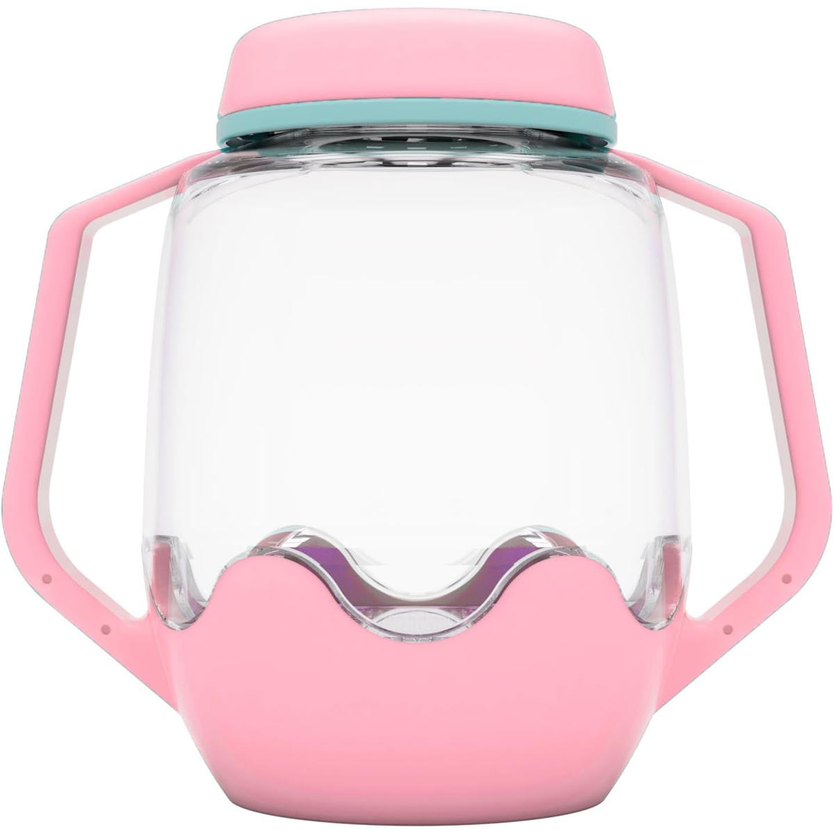 Empty clear sensory play jar with pink handles, a pink lid, and a blue trim accent.