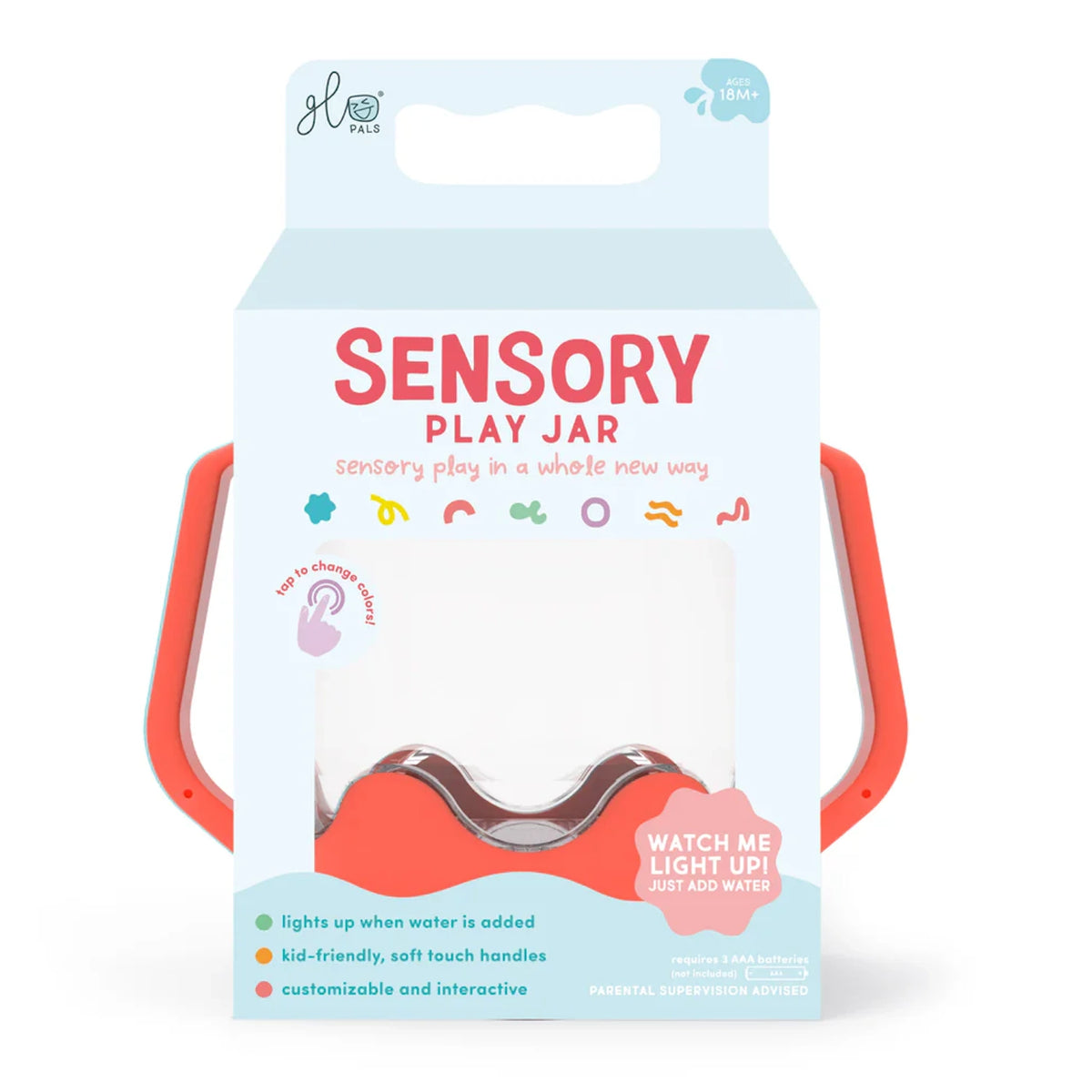 Glo Pals Sensory Play Jar packaging in light blue and coral with soft-touch handles.