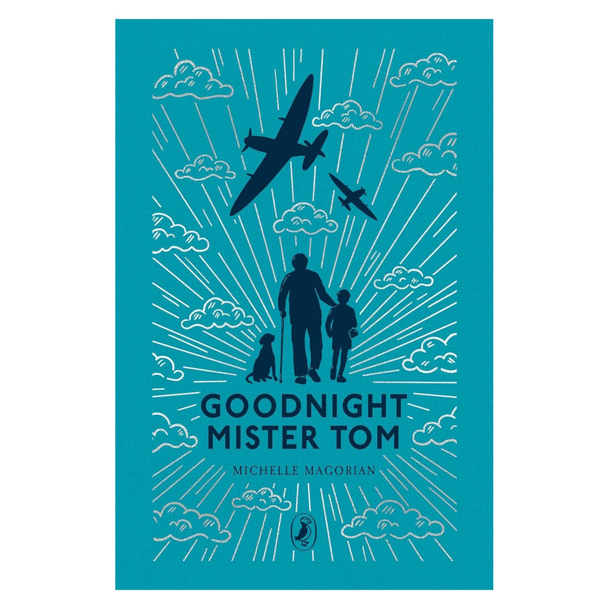 Book cover for 'Goodnight Mister Tom' showing silhouettes of a man, boy, dog, and flying airplanes.
