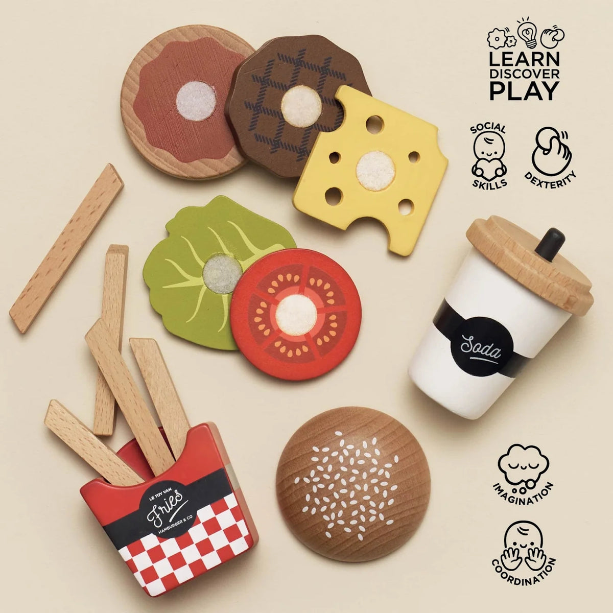 Wooden fast food toy set with burger parts, fries in a holder, and a soda cup, promoting learning and play.