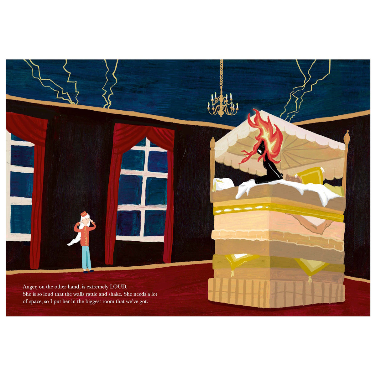 Illustration from The Grand Hotel of Feelings showing a fiery figure representing Anger in a large hotel room.