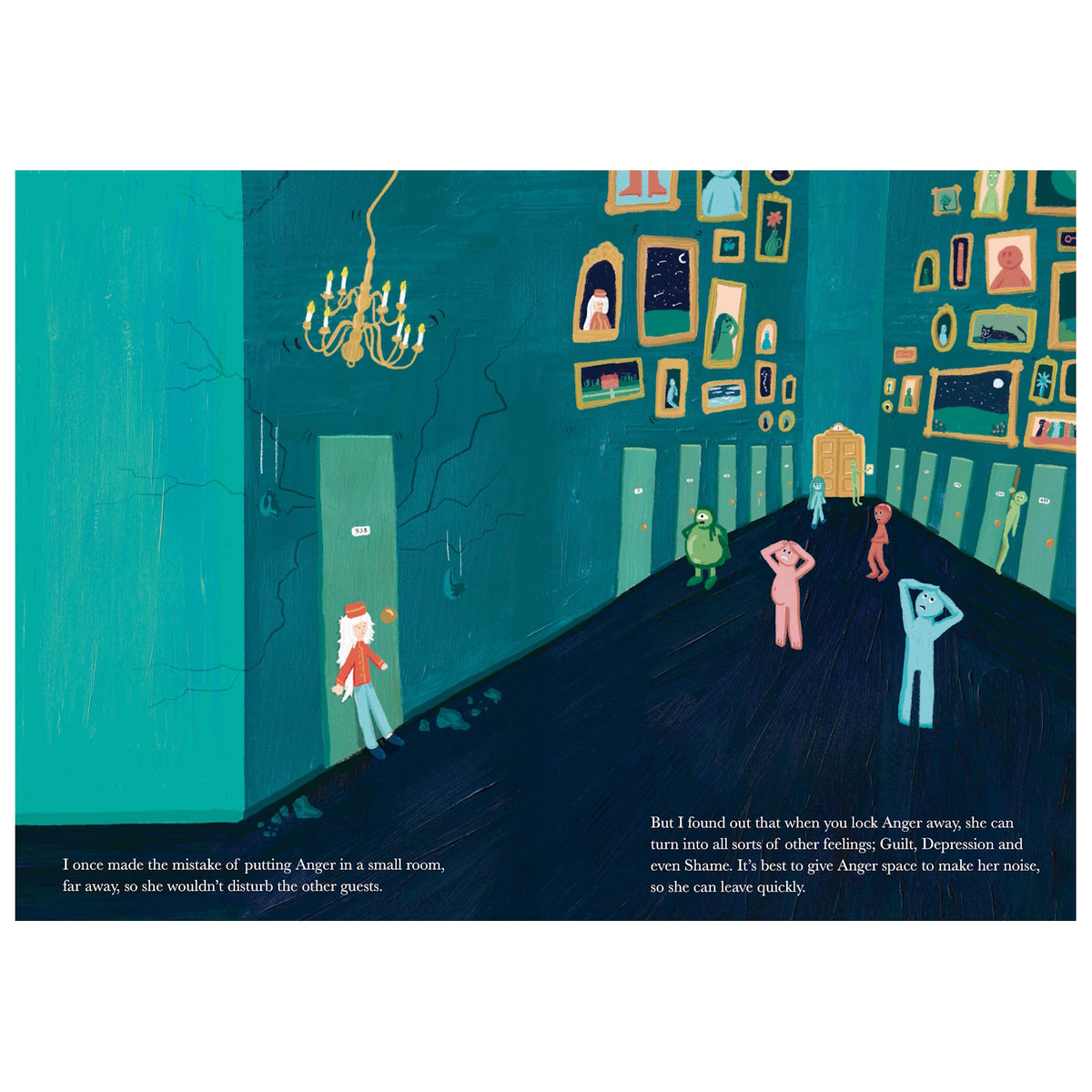 Children's book illustration showing colorful emotion characters in a hotel hallway with framed portraits on the walls.