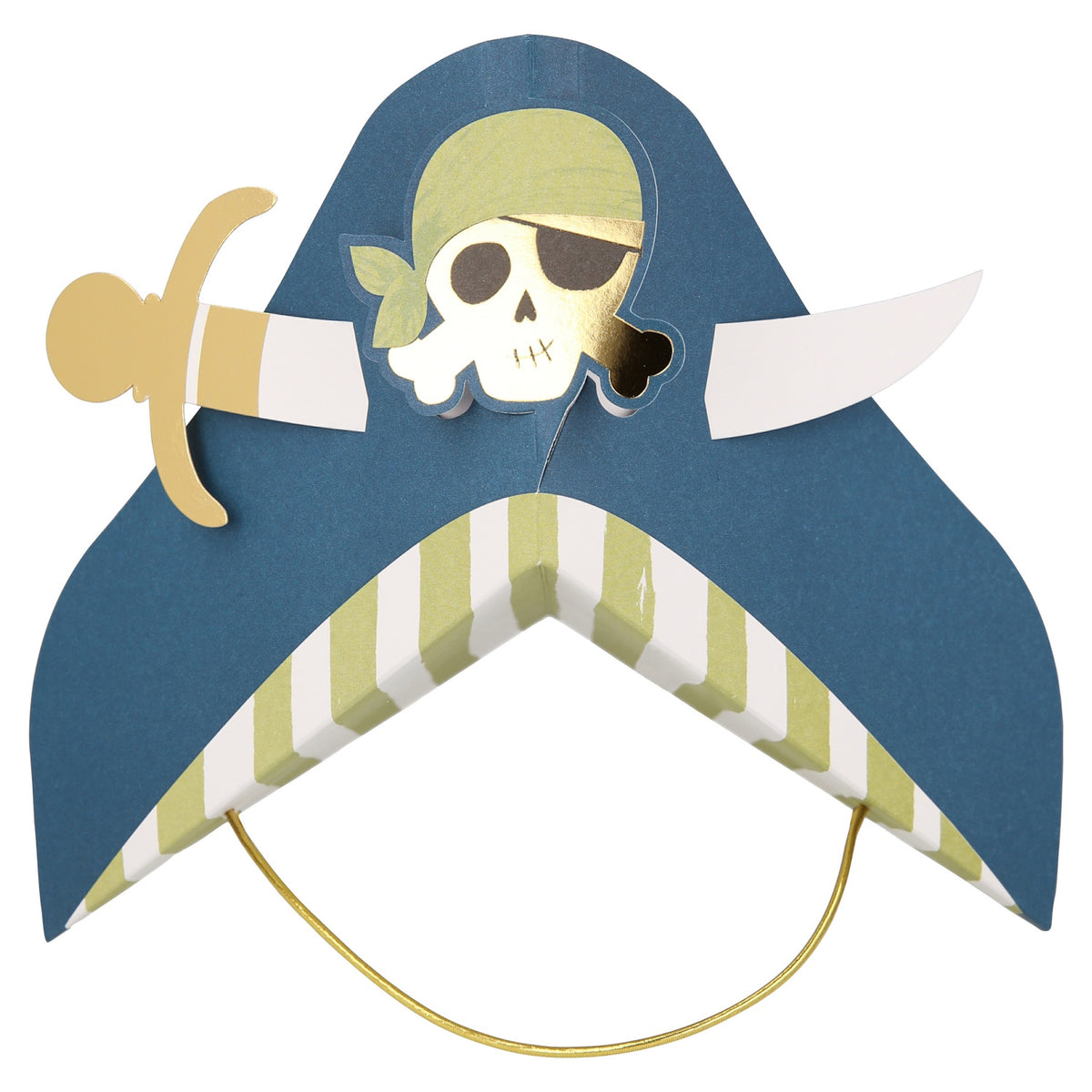 A blue paper pirate party hat with a skull emblem wearing a green bandana and a cutout sword.