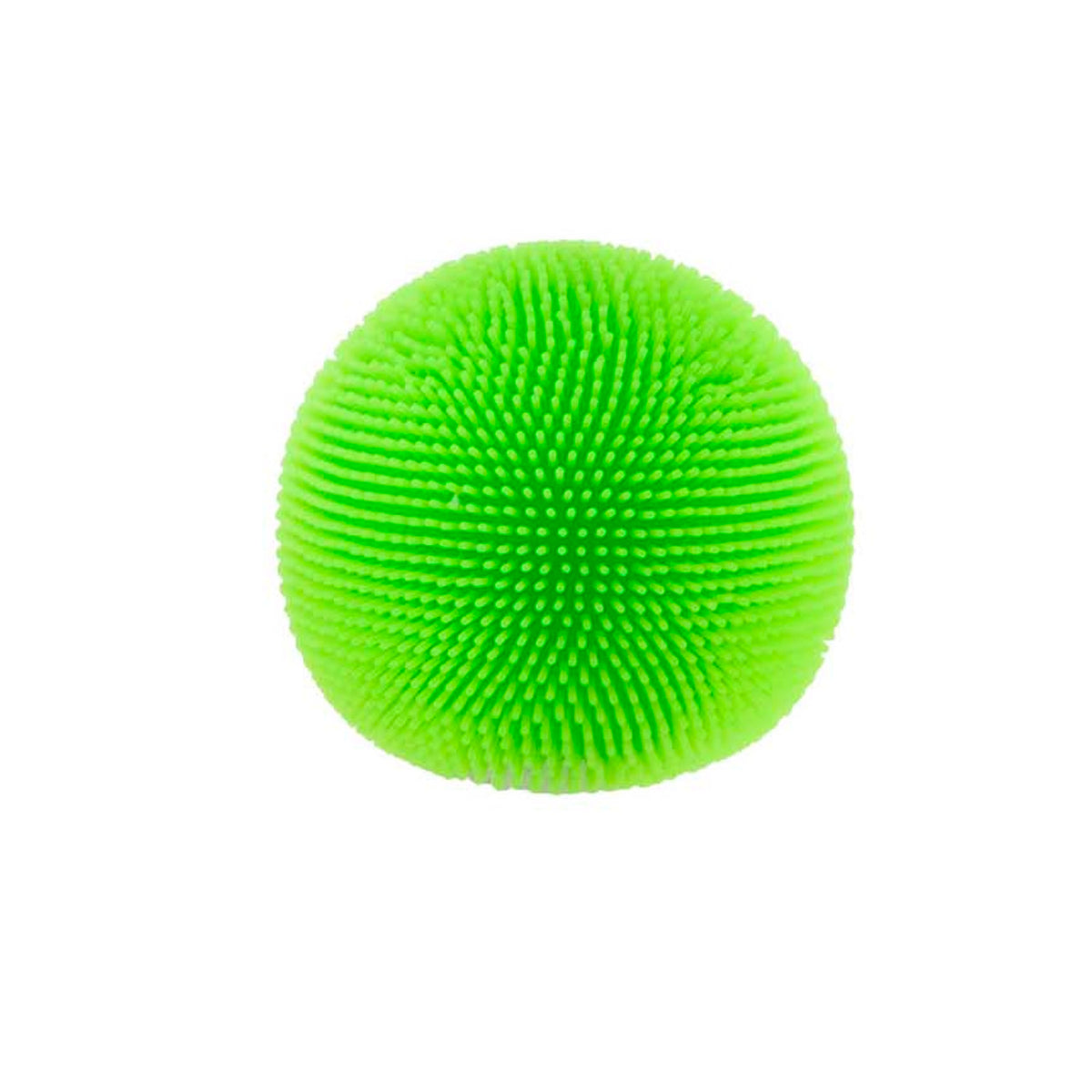A bright green, fuzzy textured stress ball centered on a plain white background.