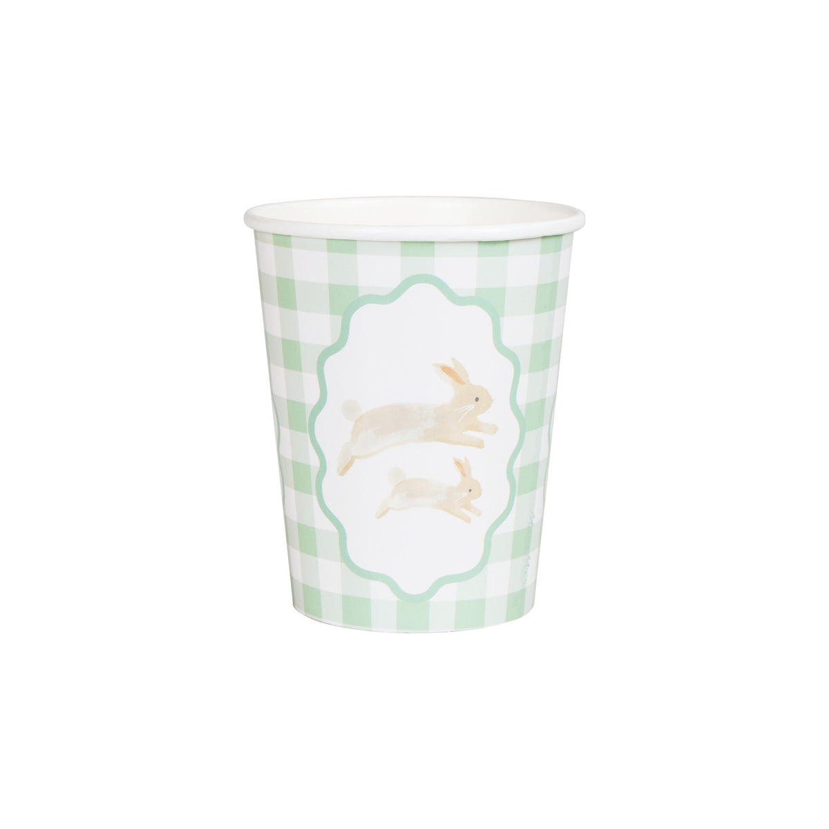 Green and white gingham paper cup featuring a central illustration of two running rabbits.