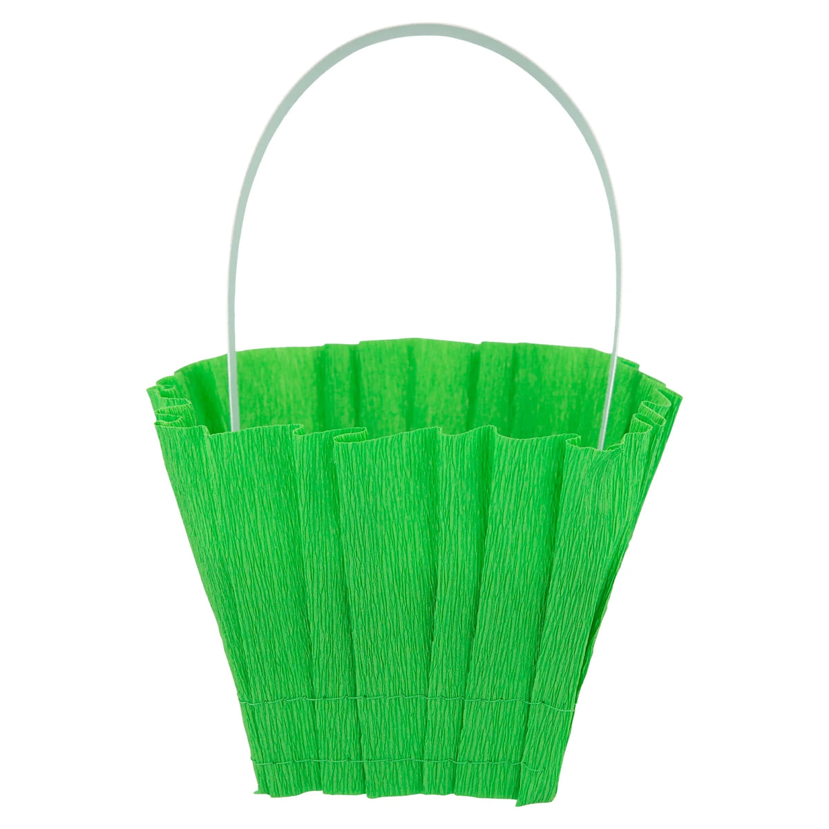 Green pleated crepe paper Easter basket with a white handle, ideal for spring treats and party favors.