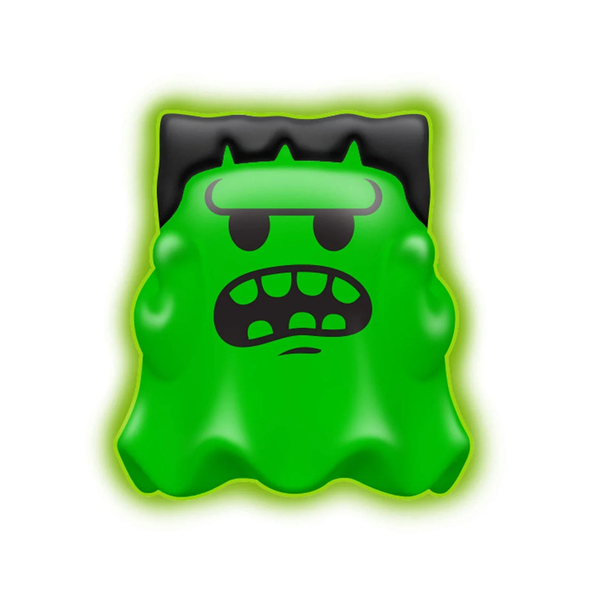 Green Frankenstein-style Glowy Ghost NeeDoh squishy fidget toy with black hair and a grumpy face on a white background.