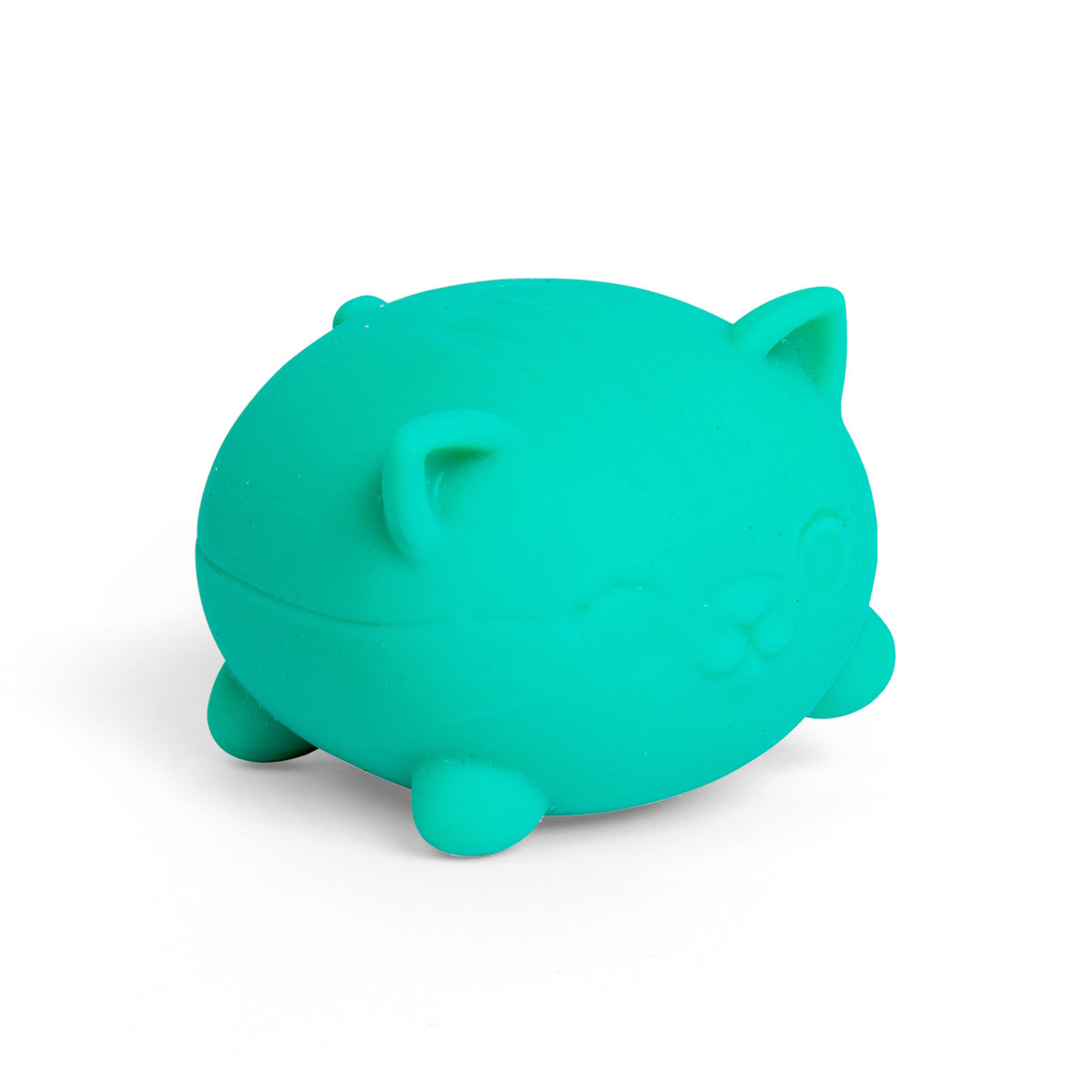 Teenie NeeDoh Cool Cat teal squishy stress toy in a round cat shape with ears and paws on a white background.
