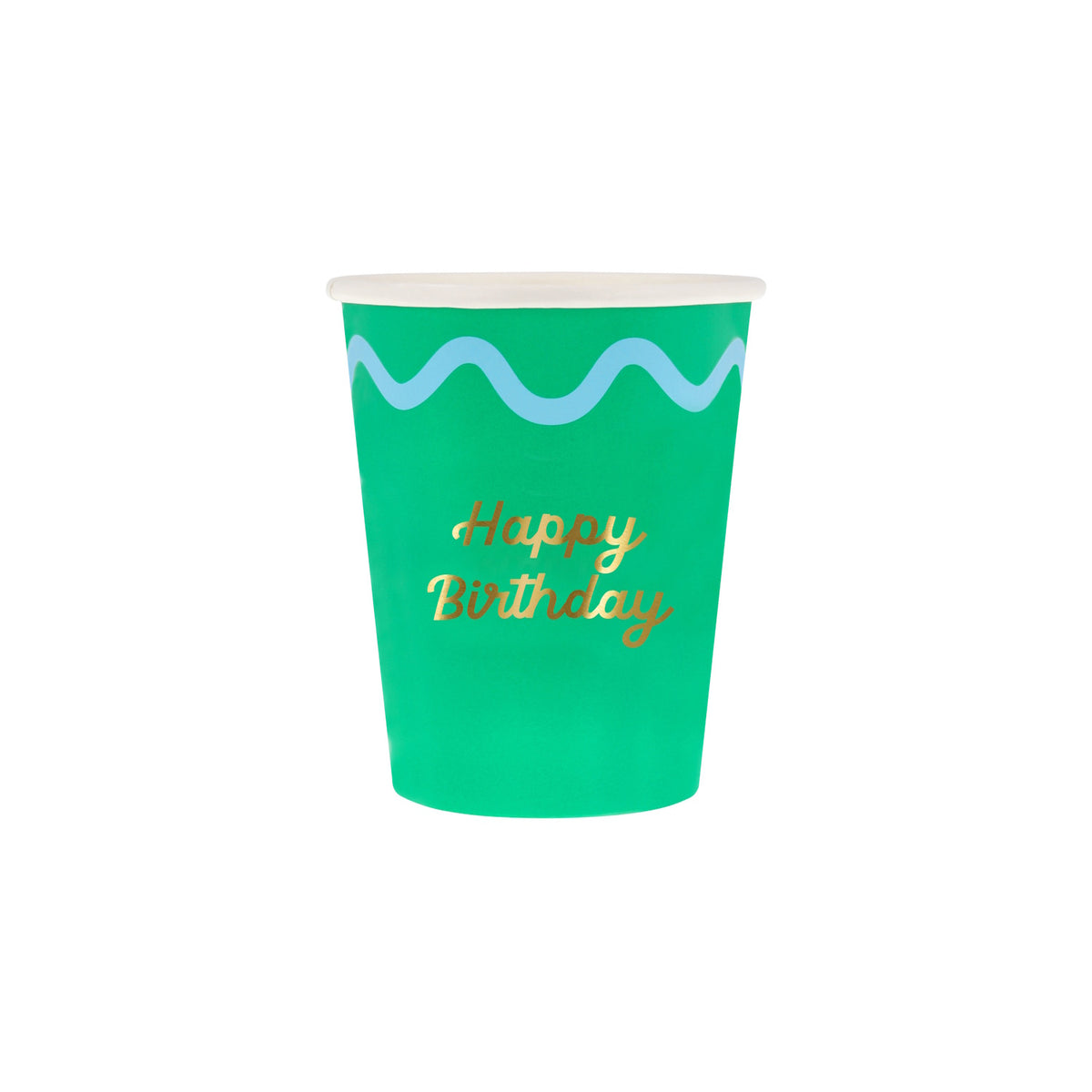 Green paper cup with a light blue wavy line and "Happy Birthday" written in gold script font.