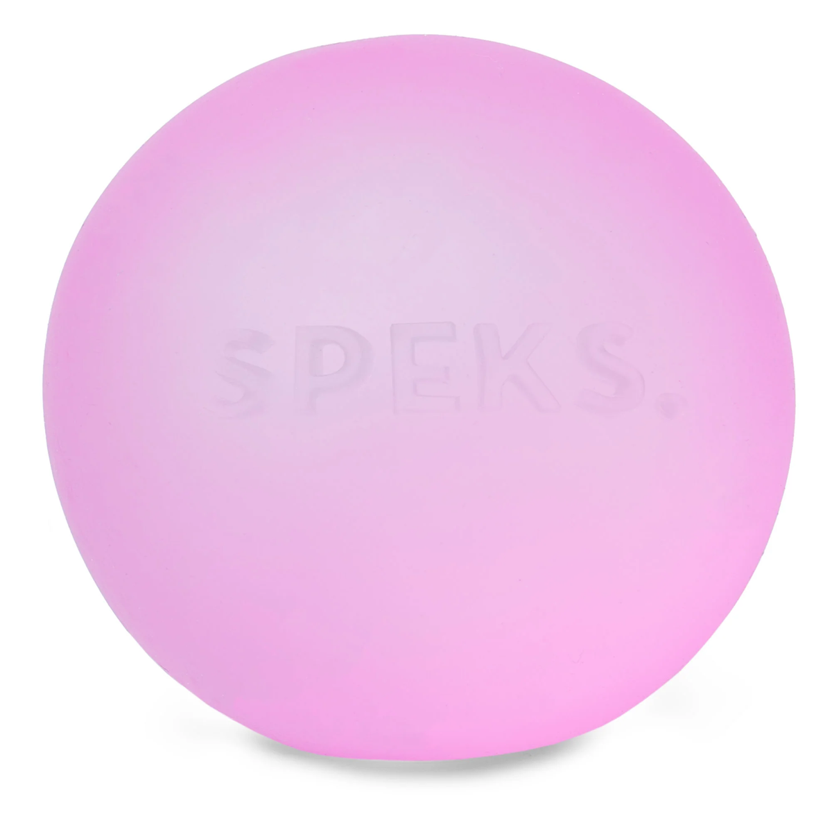 A soft pink stress ball with the word "SPEKS." embossed on its surface. It has a smooth texture and conveys a sense of calm and relaxation.