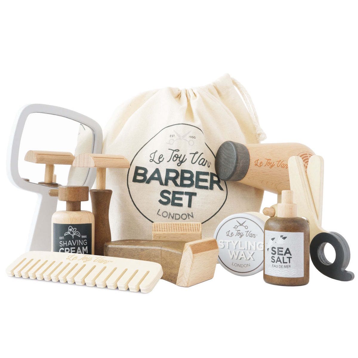 Wooden toy barber set with accessories, hairdryer, mirror, and drawstring storage bag.