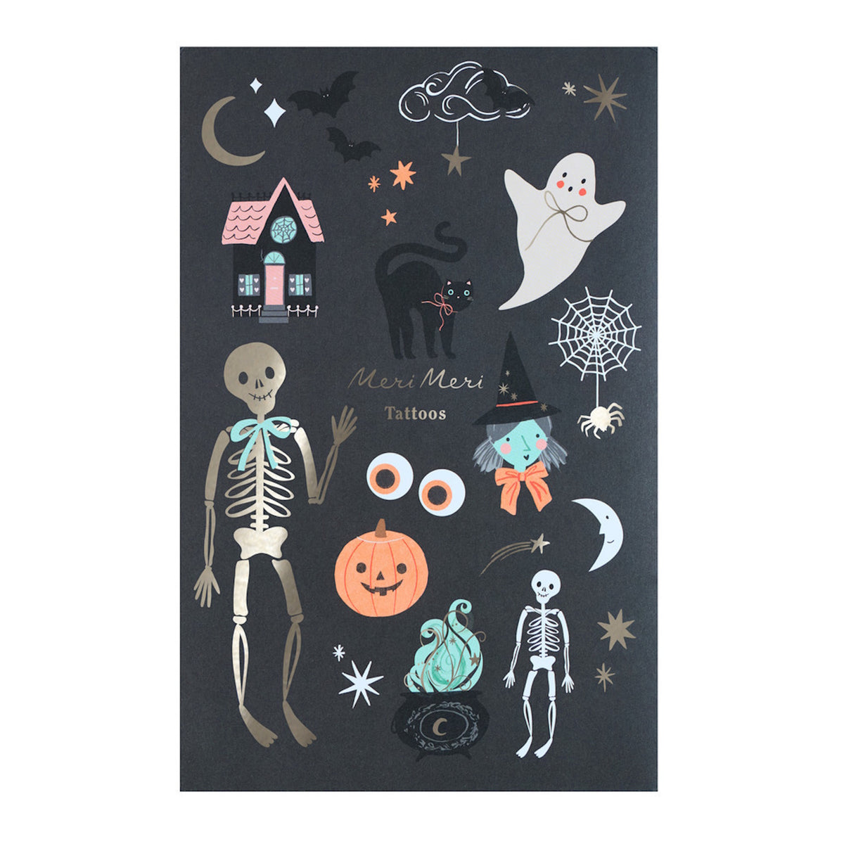 Meri Meri Halloween temporary tattoo sheet with spooky icons like skeletons, a ghost, and a black cat.