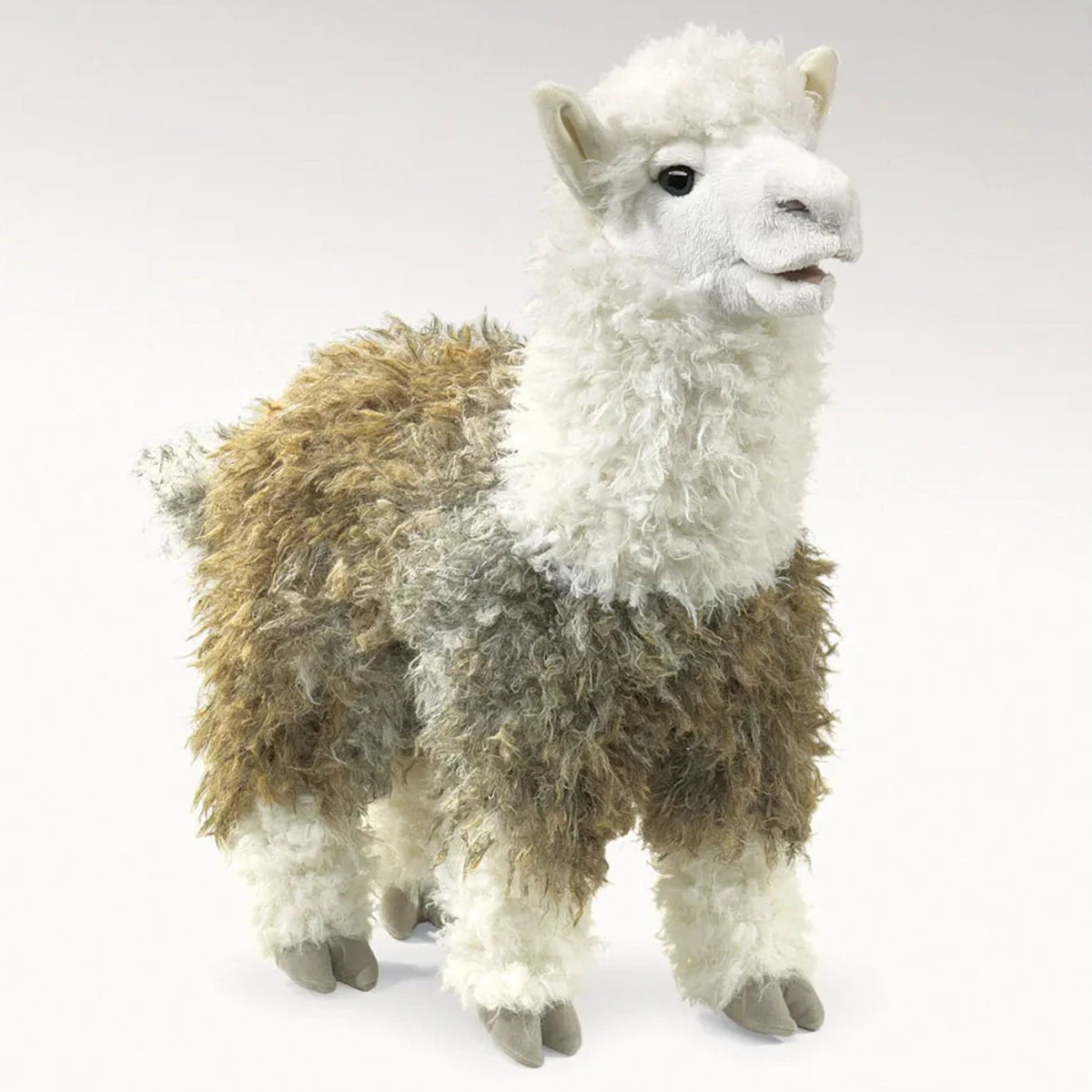 Fluffy alpaca hand puppet with a white head, fuzzy brown and white body, and hooves against a white background.
