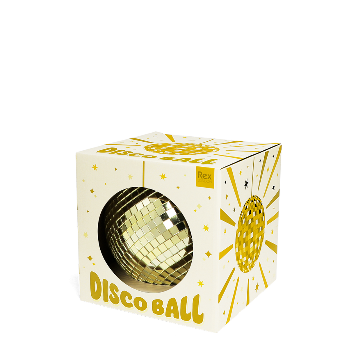A gold disco ball packaged inside a white and yellow cardboard box against a white background.