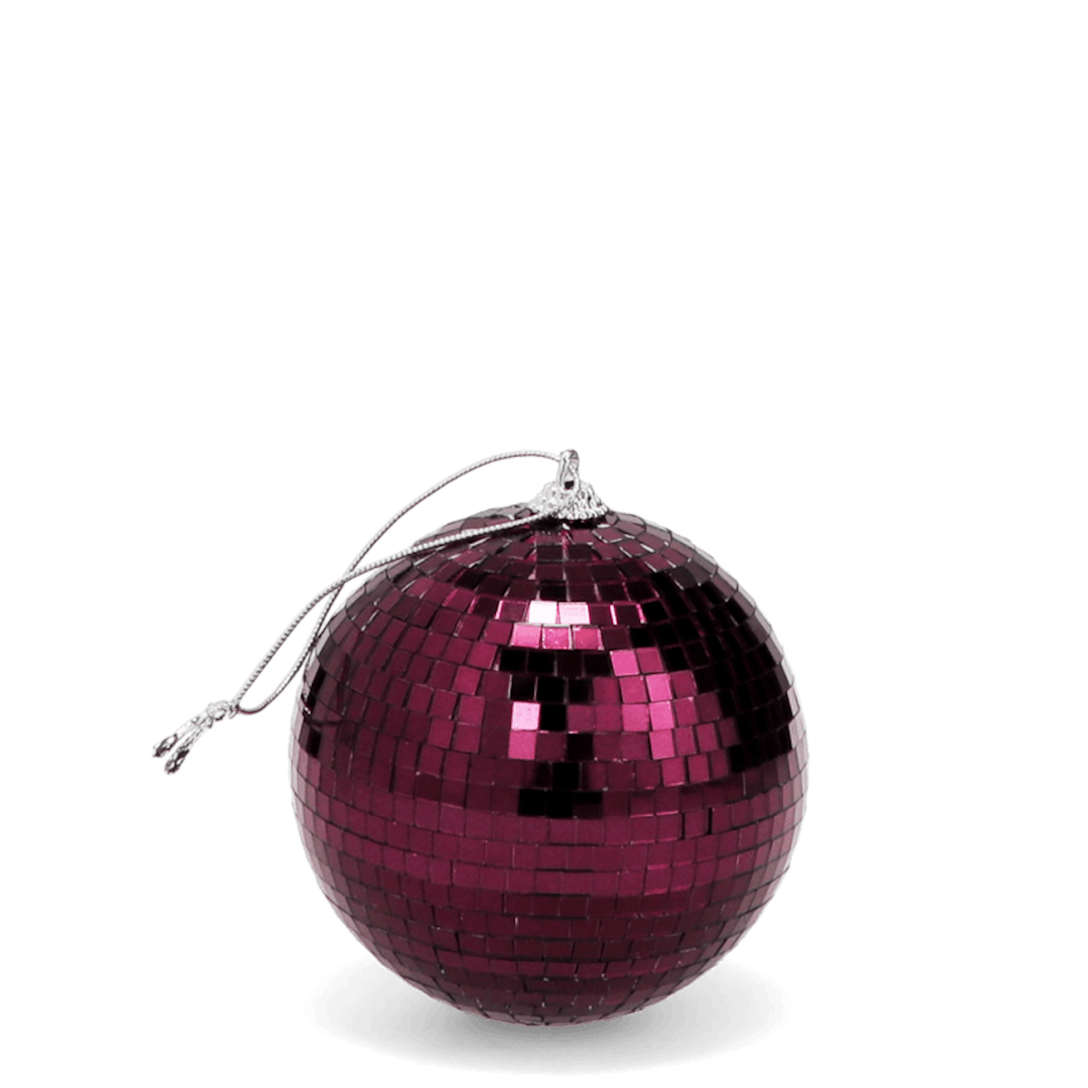 A plum purple disco ball with a silver hanging loop on a white background.