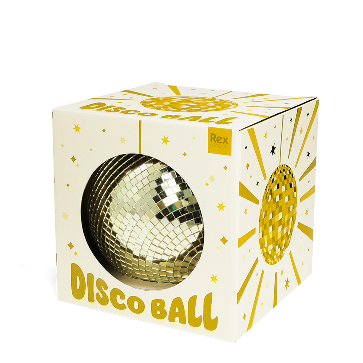 A gold mirror disco ball inside its white and gold illustrated box on a white background.