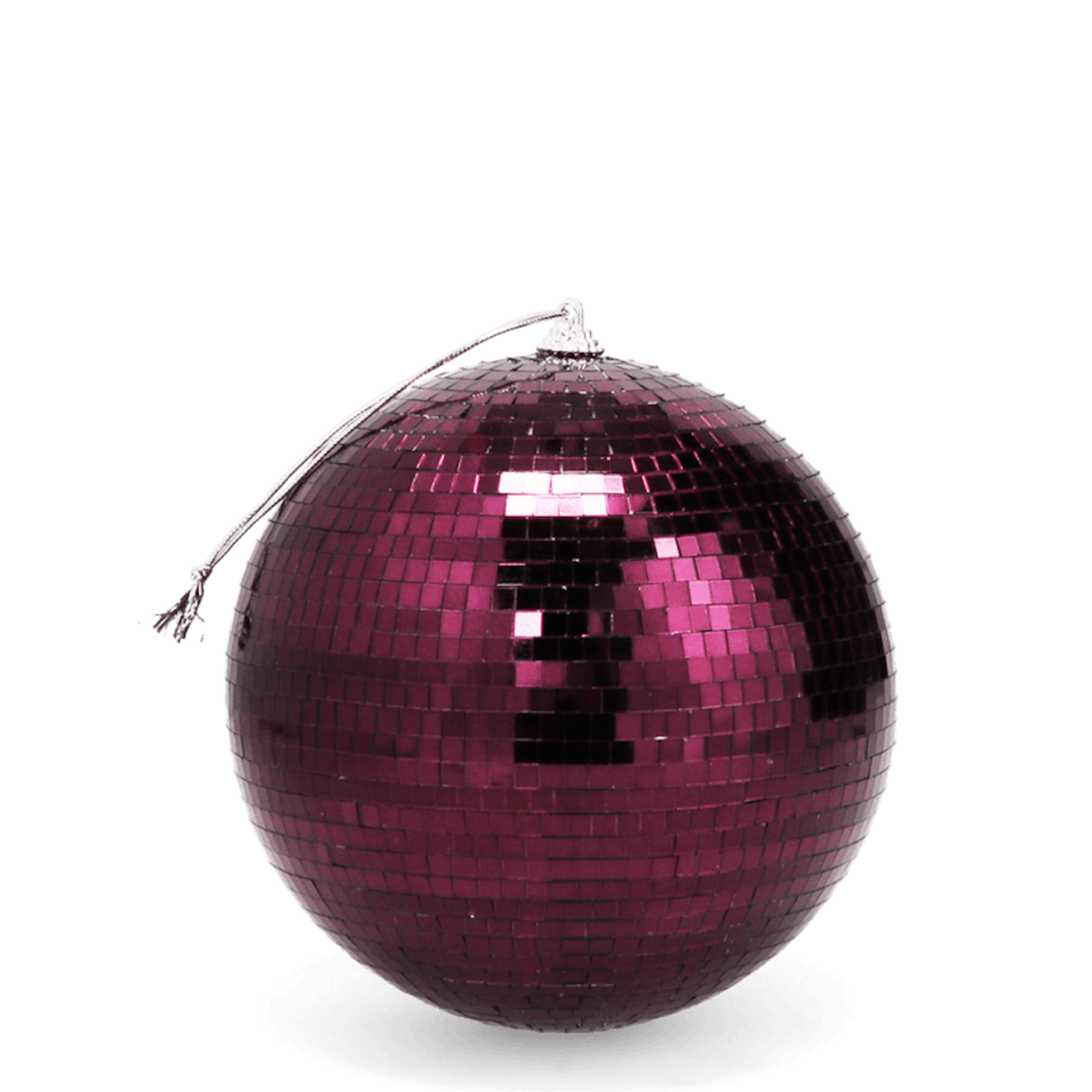 Plum-colored mirrored disco ball with a silver hanging loop against a white background.