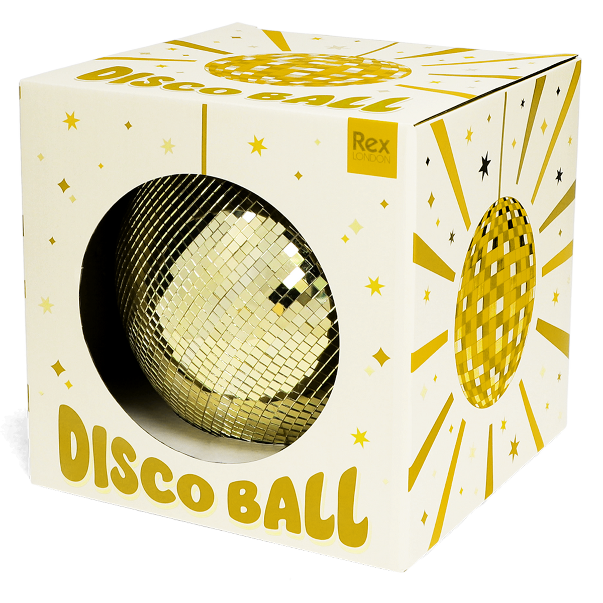 A gold mirror disco ball inside its white and gold Rex London display box against a white background.
