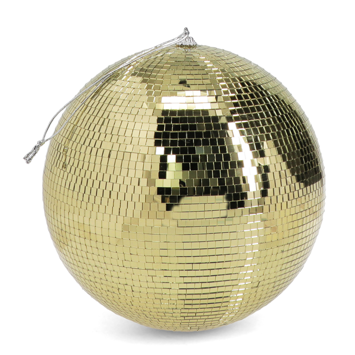 A large, shimmering gold disco ball with a silver hanging string on a white background.