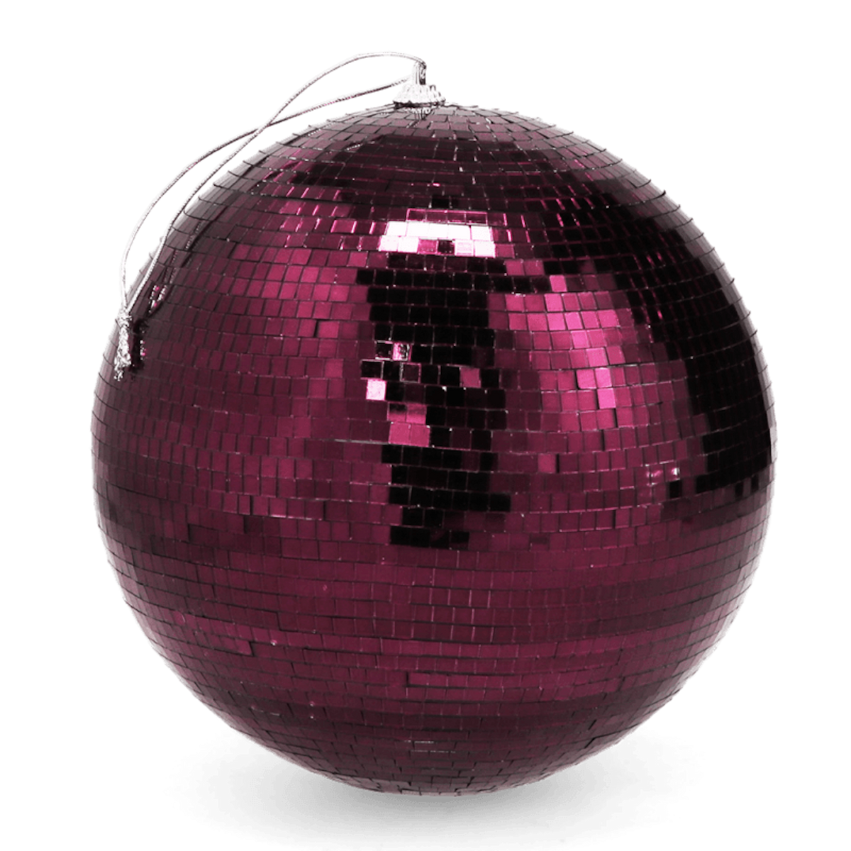 A hanging plum purple disco ball with reflective mirror tiles against a white background.