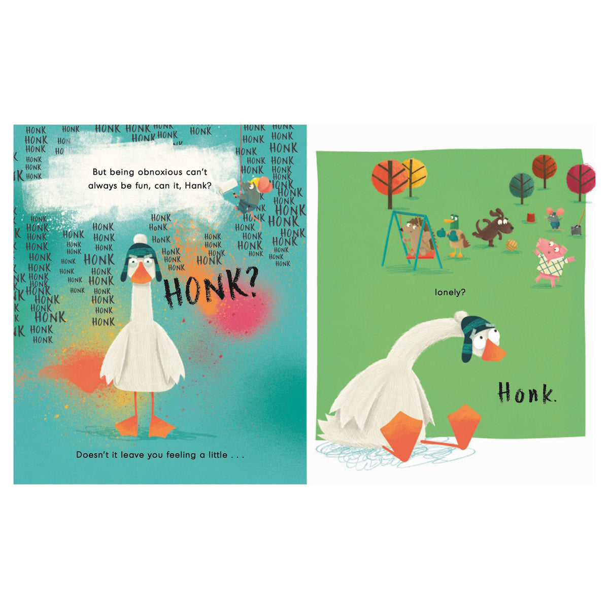 Illustration of a goose wearing a hat and boots, looking thoughtful. Background has "Honk" text repeatedly; tone shifts from playful to pensive as the goose contemplates loneliness near a playground.