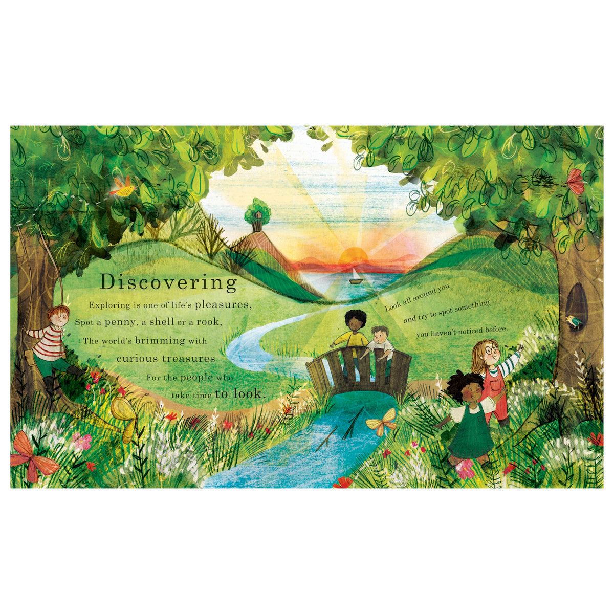 Illustration of children exploring a vibrant, sunlit landscape with a river and lush trees. Text about discovery surrounds them, creating a joyful, adventurous tone.