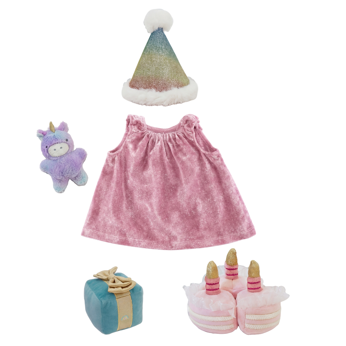 Olli Ella Dinkum Doll Happy Birthday Set with pink dress, party hat, plush cake shoes, and gift.