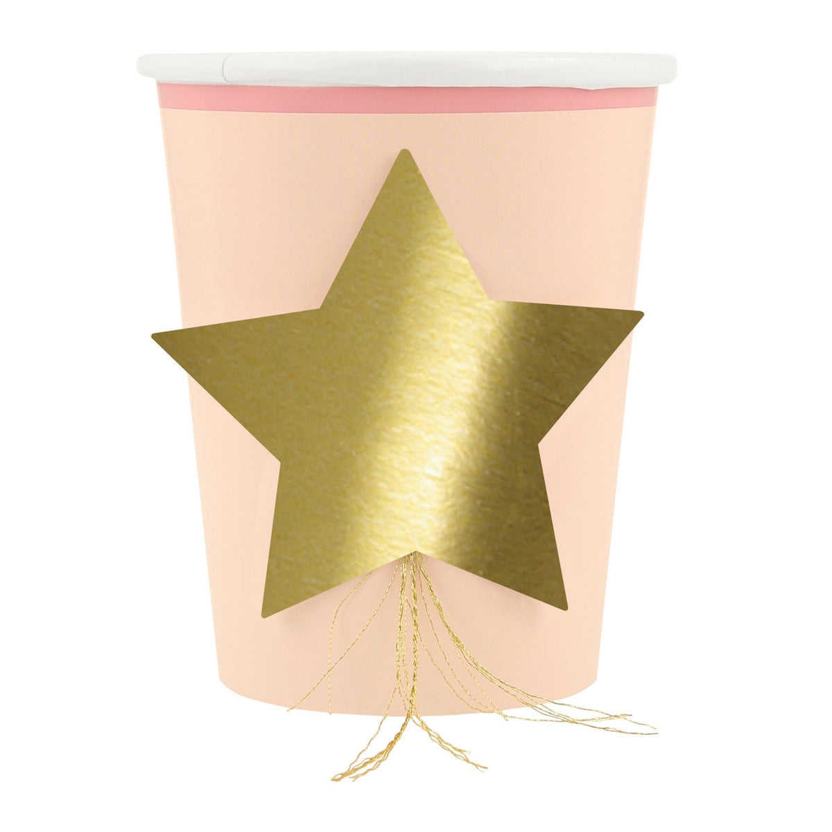 Peach Meri Meri party cup featuring a gold foil star design with fringe detail.