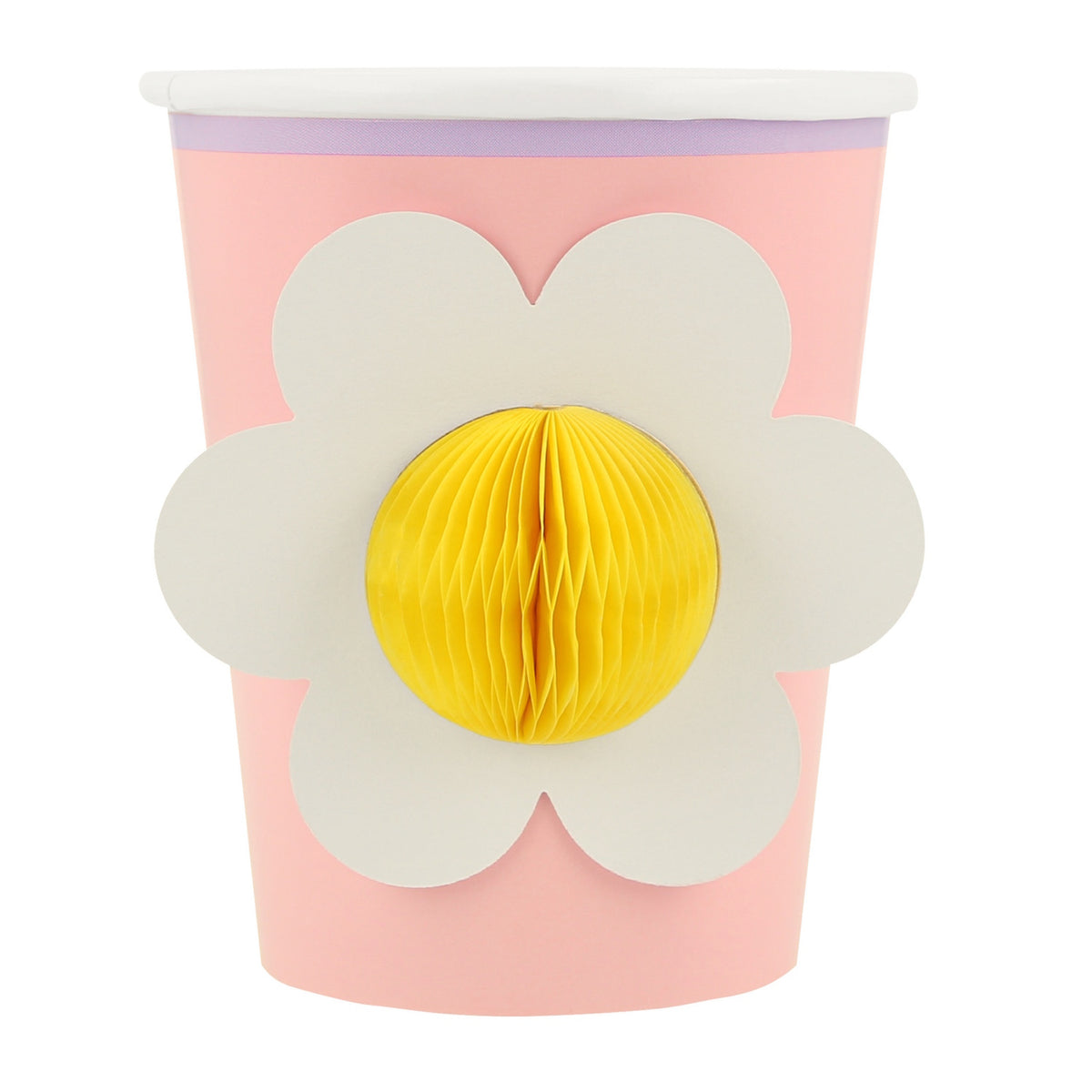 Pink Meri Meri party cup featuring a white flower with a 3D yellow honeycomb center.