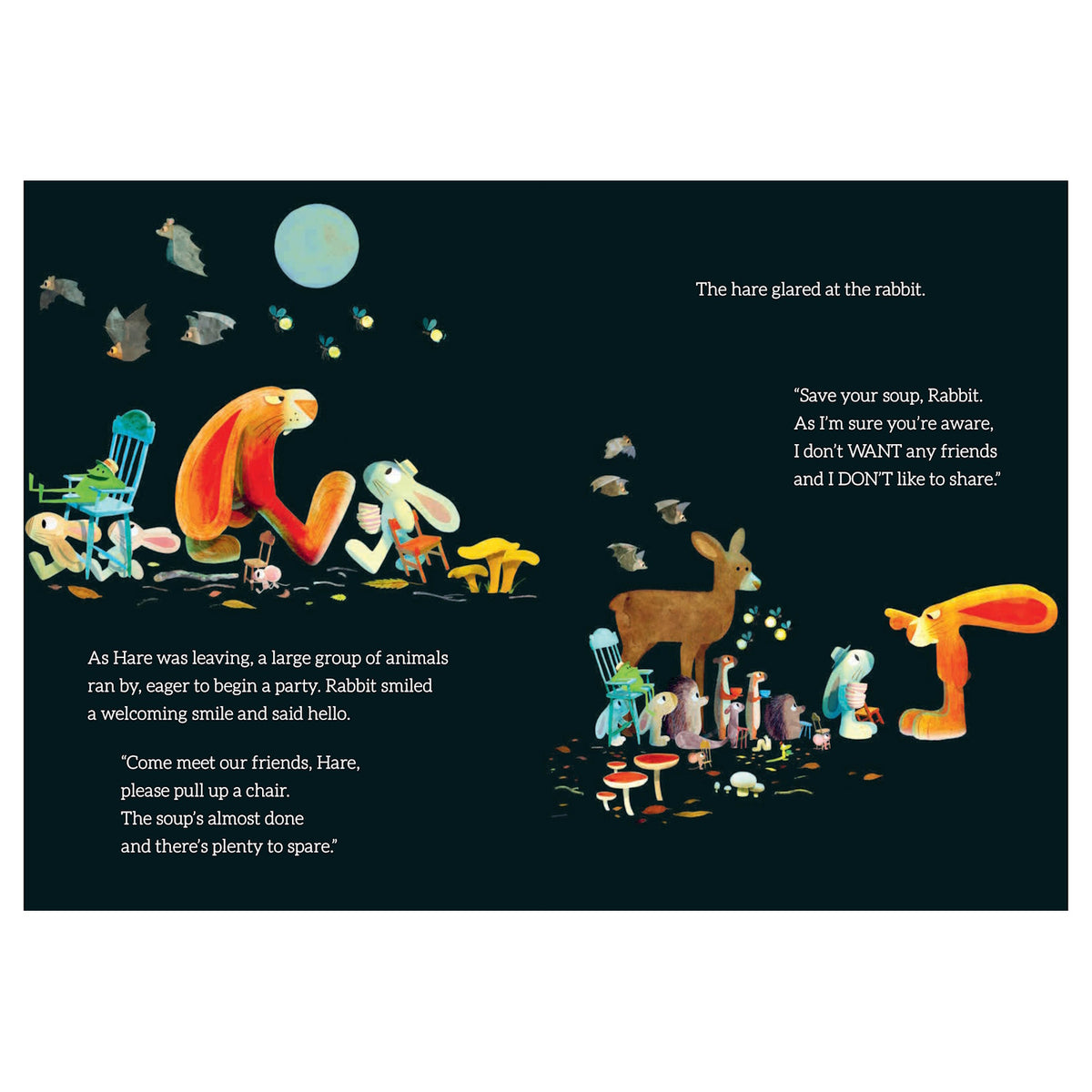 Whimsical children's book spread showing a grumpy orange hare refusing an invitation to a woodland animal soup party.