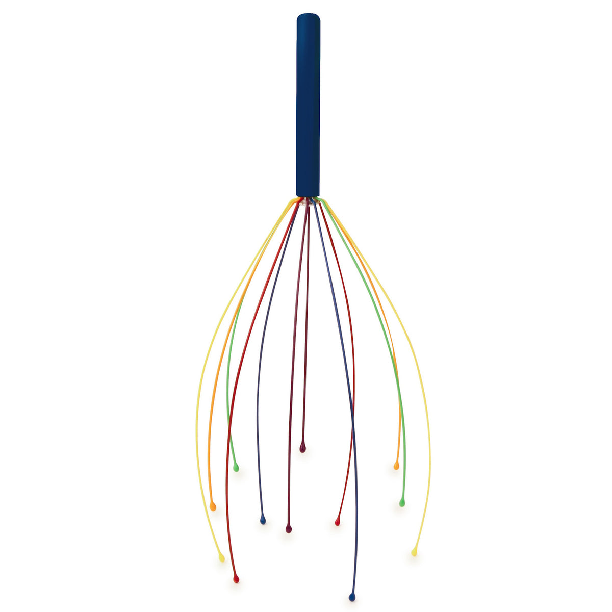 A blue-handled scalp massager with thin, curved metal wires tipped with colored rubber ends extends outward like a whimsical, multi-colored whisk.