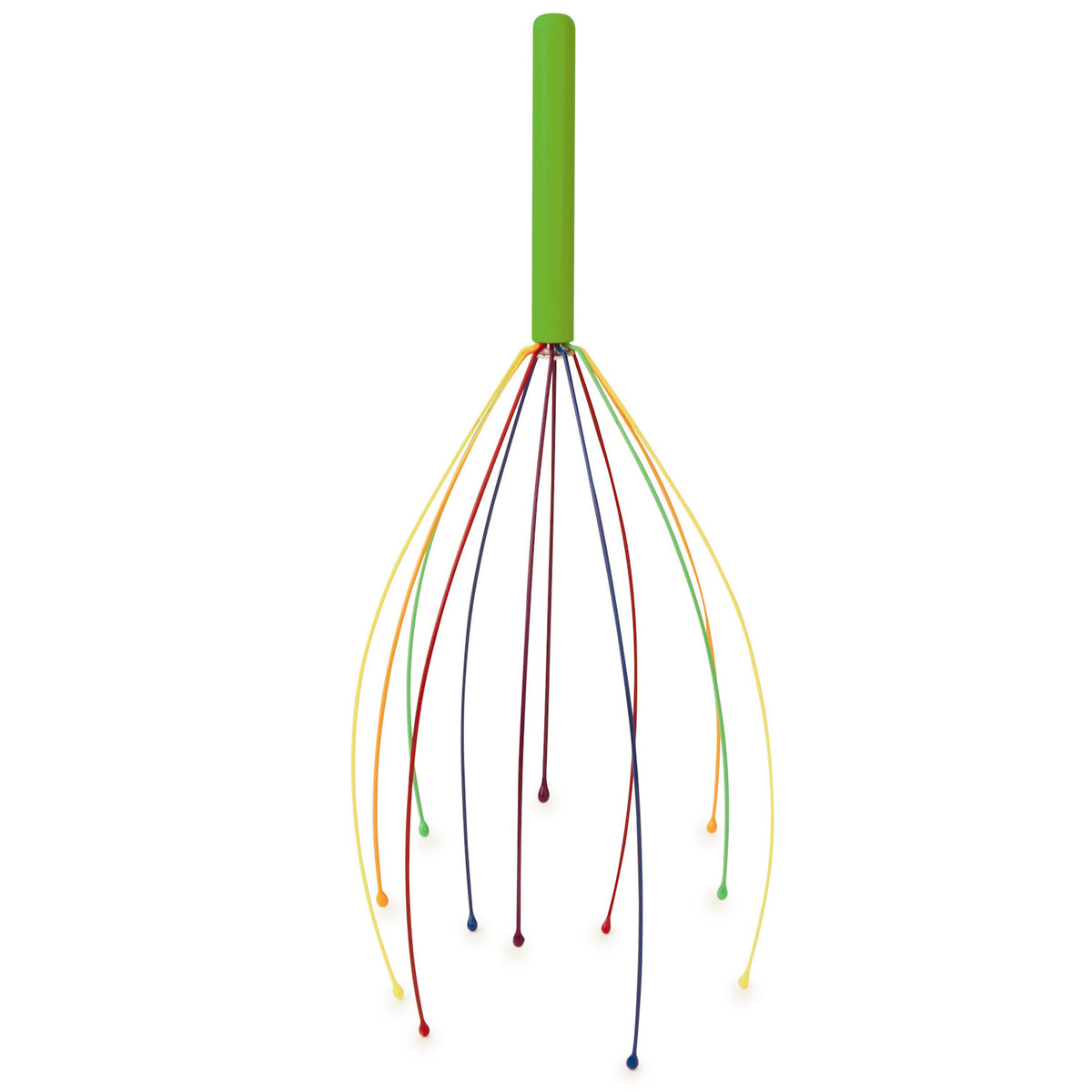 A green-handled head massager with colorful, flexible metal prongs splayed out. The prongs are red, blue, yellow, and orange, conveying a playful tone.