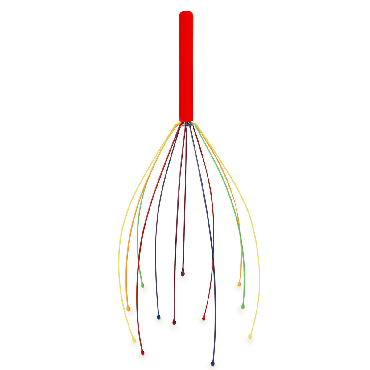 A head massager with a red handle and multiple colorful, flexible wires fanning out, each tipped with a round end. The tone is playful and relaxing.