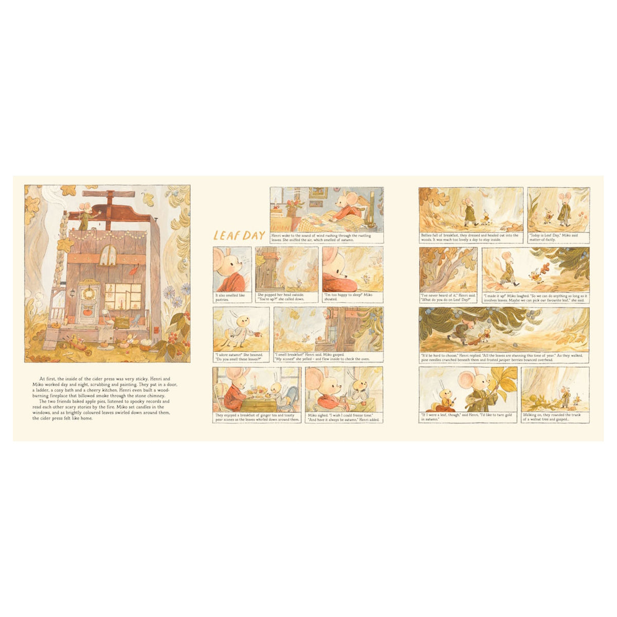 Illustrated pages titled "Leaf Day" from Henri & Miko, featuring panels of text and cozy scenes.