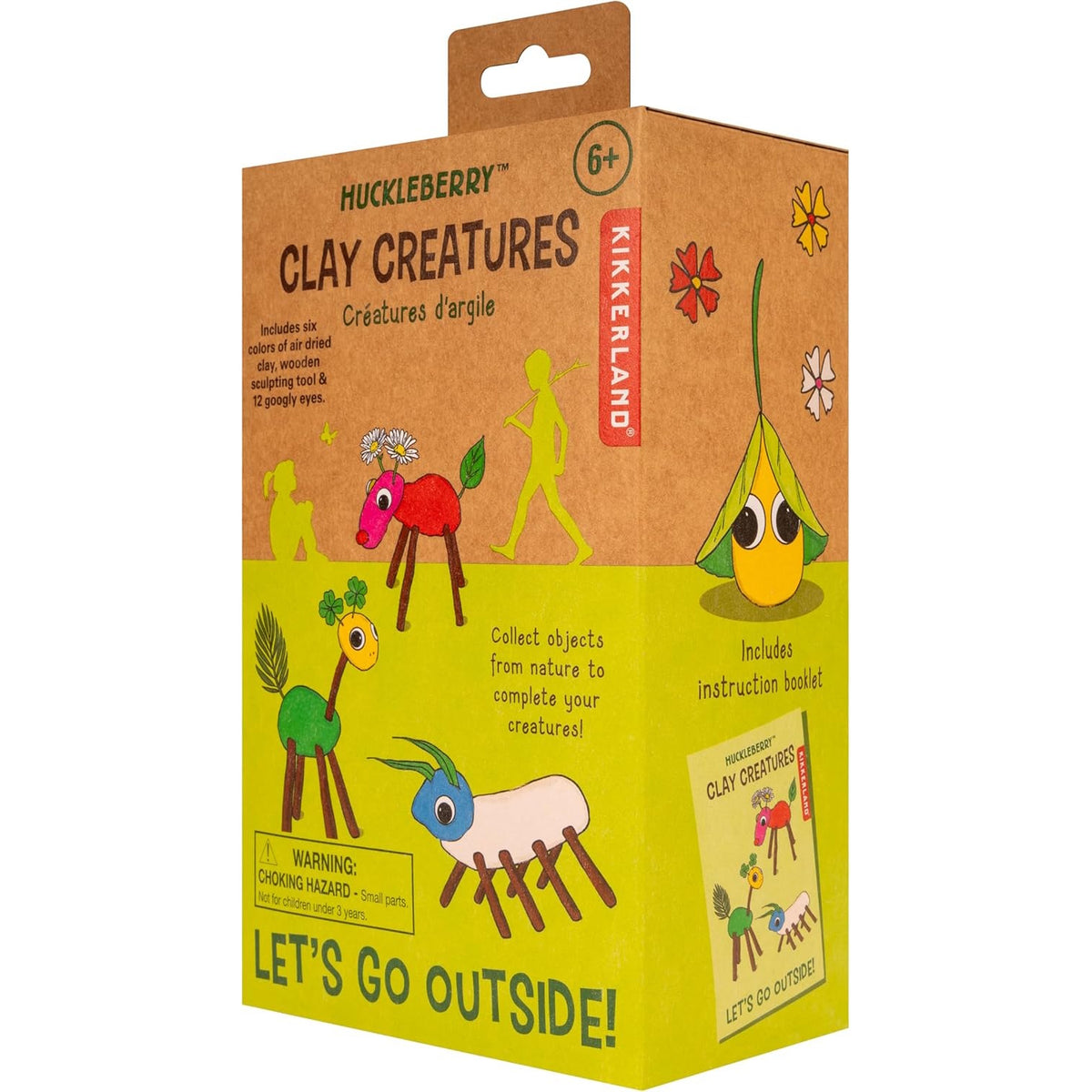 Huckleberry Clay Creatures kit packaging by Kikkerland, featuring colorful air-dry clay monsters with natural twig legs.