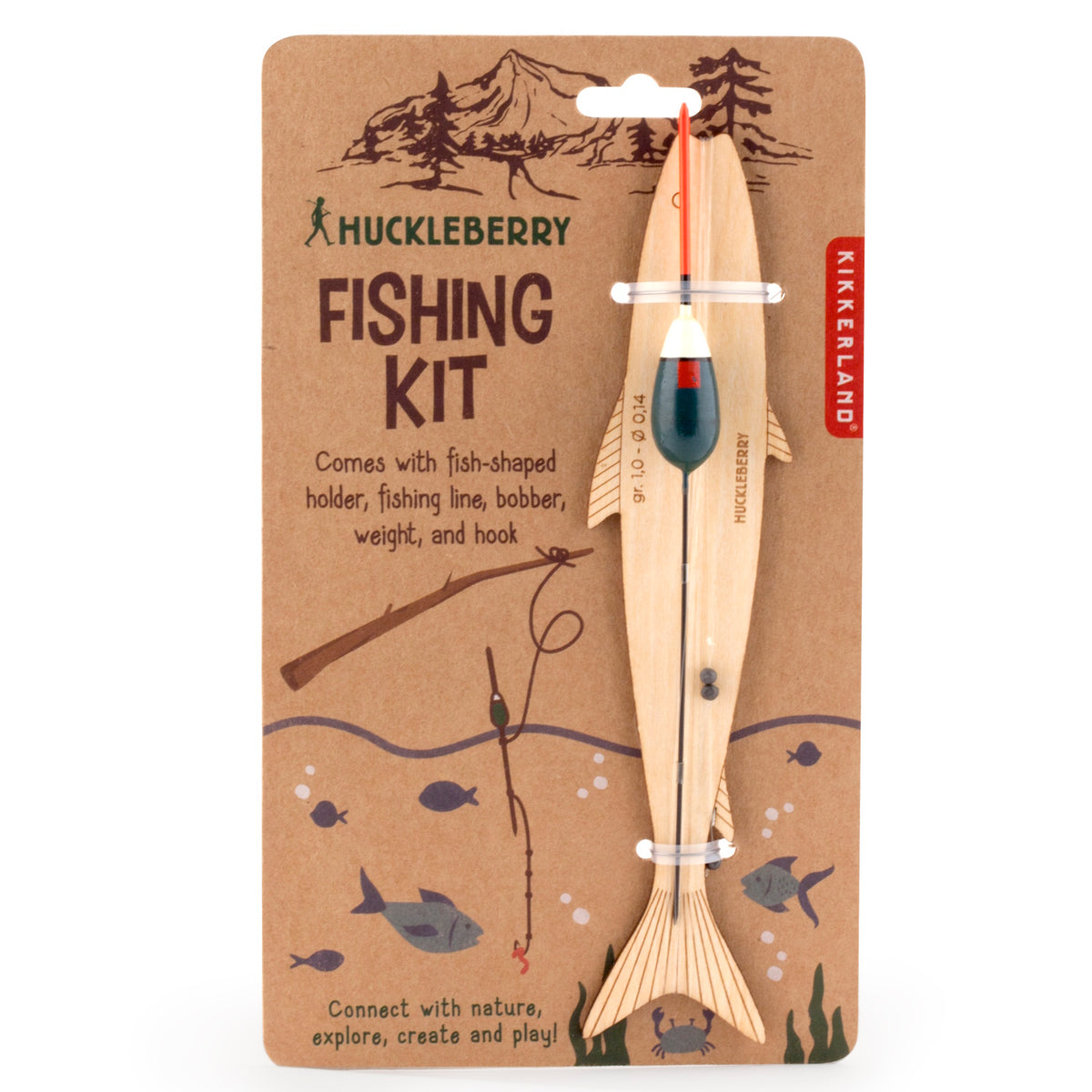 Huckleberry Fishing Kit with wooden fish-shaped holder, fishing line, bobber, and hook on a brown cardboard package.