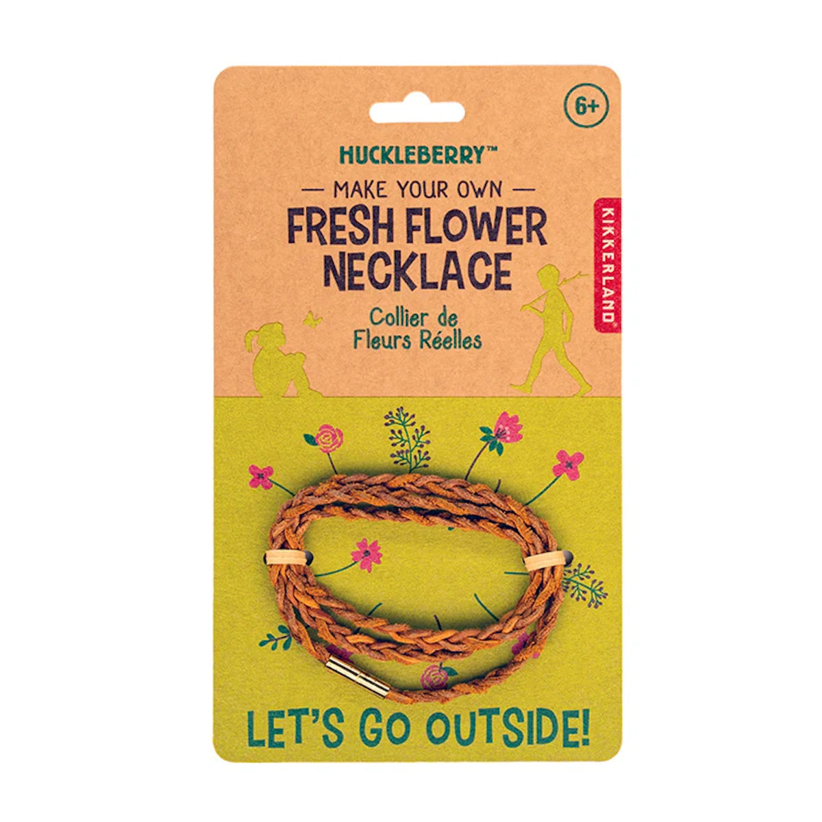 Huckleberry Make Your Own Fresh Flower Necklace kit packaging with a braided brown cord and floral illustrations.