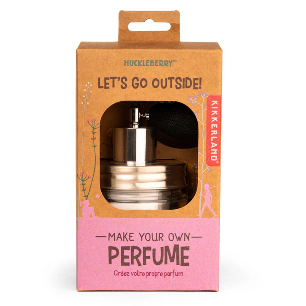 Huckleberry by Kikkerland Make Your Own Perfume kids craft kit in kraft and pink retail packaging.