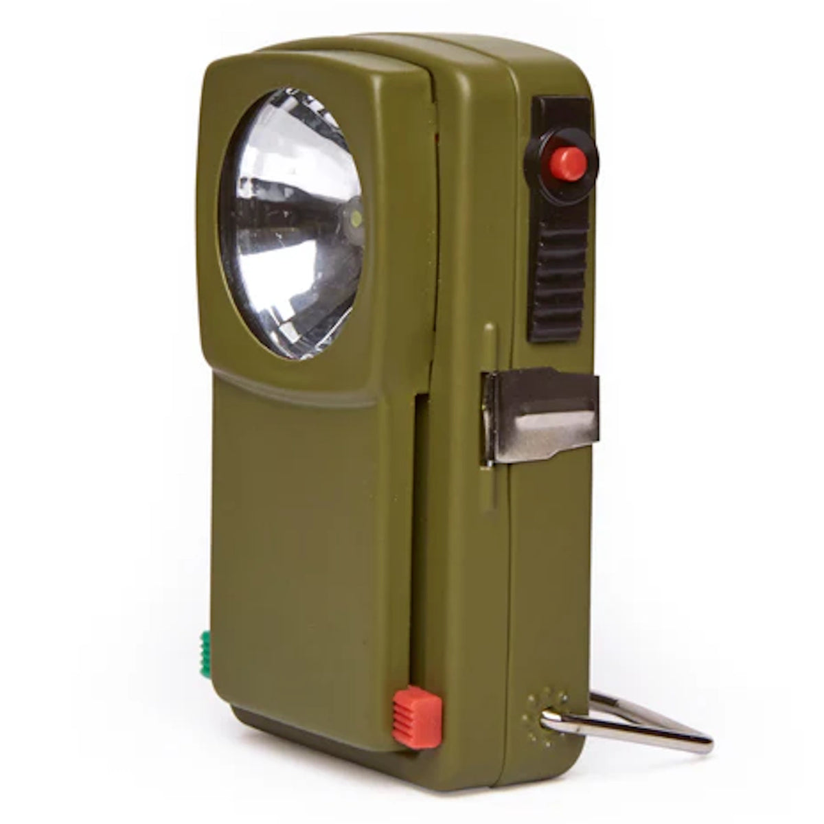Green olive Huckleberry Morse code signal flashlight with red button, side view on white background.