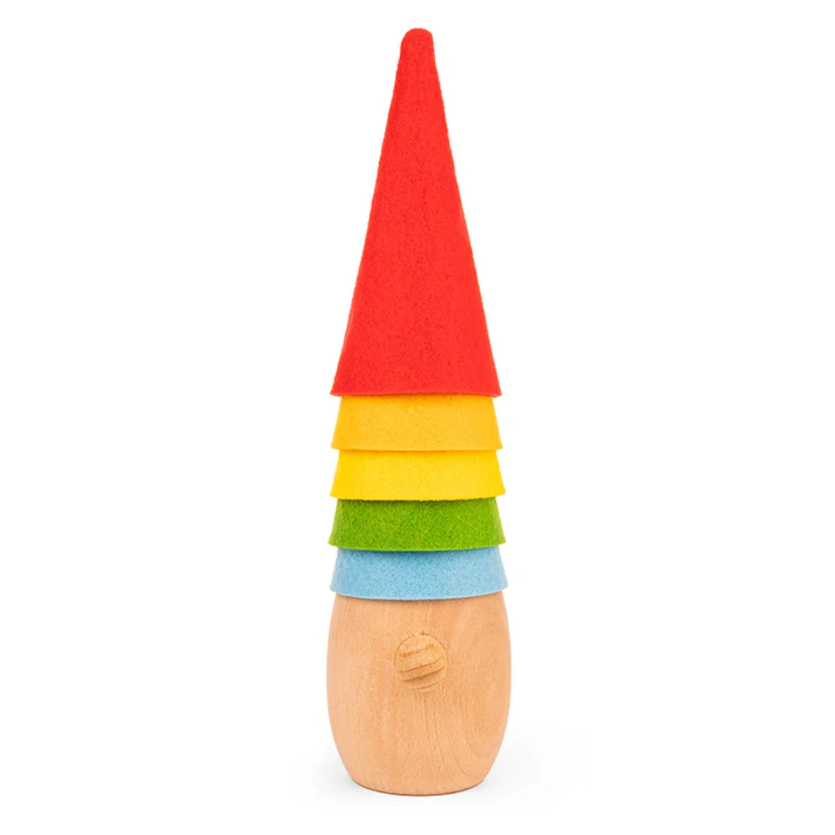 Rainbow Waldorf wooden gnome toy with colorful stacking felt hats on a white background.