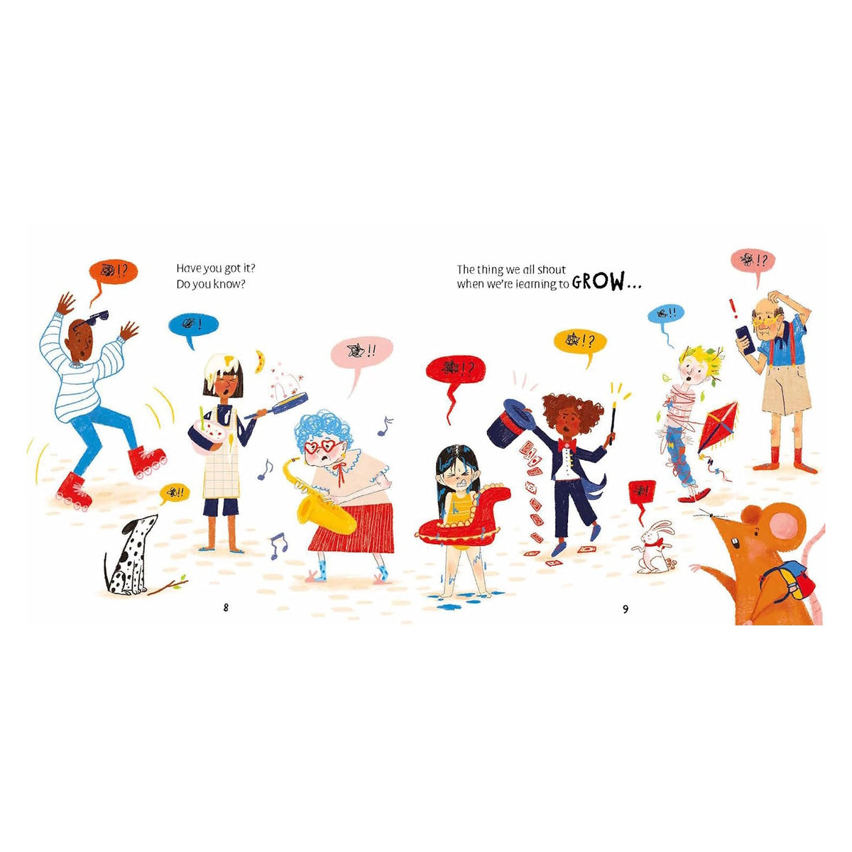 Children's book spread with people and animals struggling with various tasks, alongside a mouse.