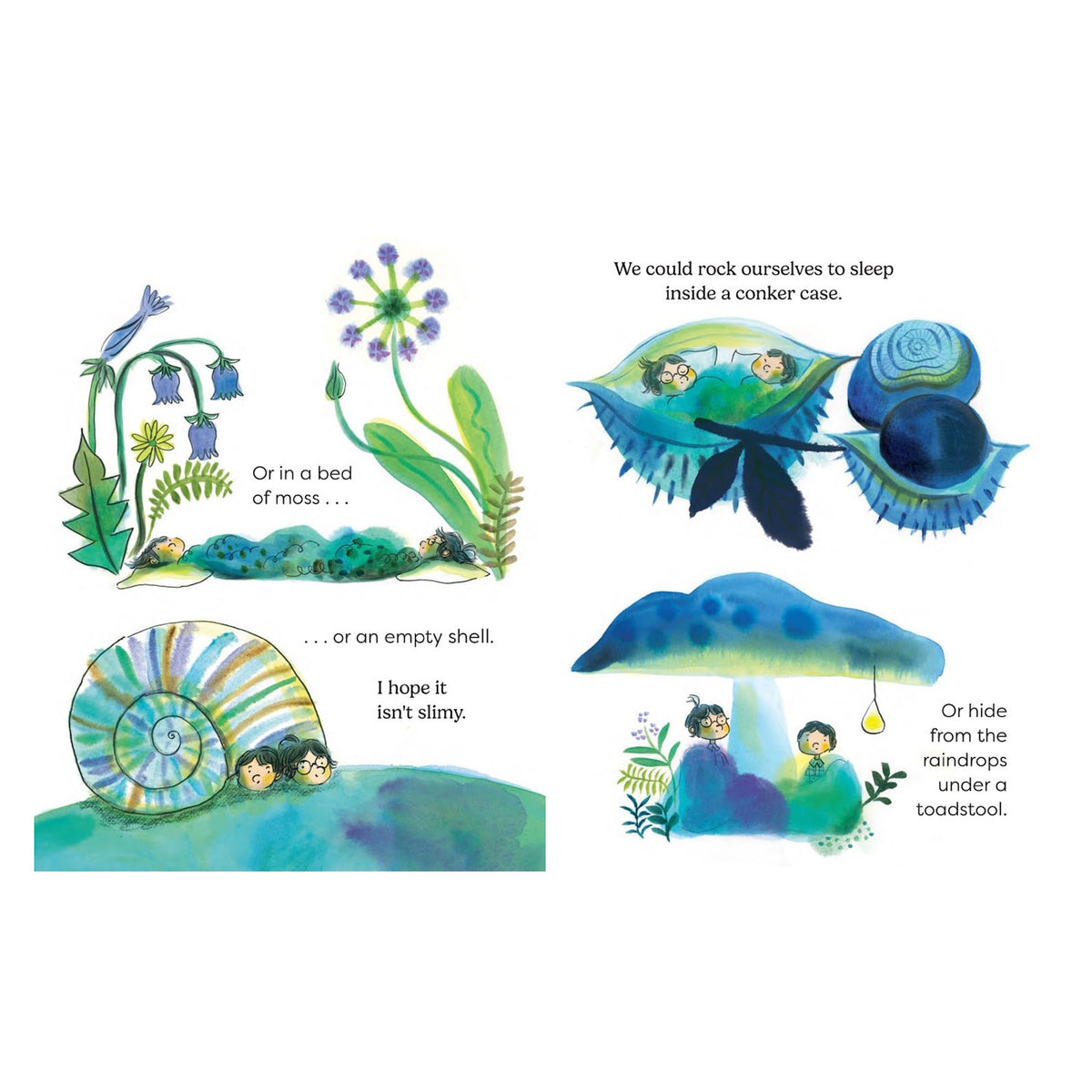 Watercolor illustrations of children sleeping in nature: a bed of moss, a snail shell, a conker case, and under a toadstool.