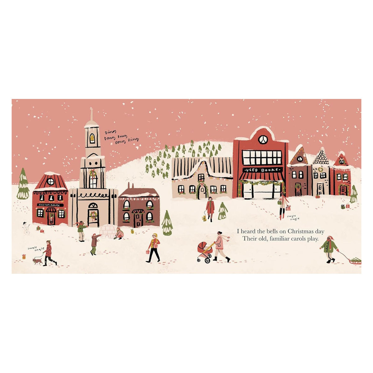 Festive illustration of a snowy village with people, a church, and shops, featuring "I heard the bells on Christmas day" text.