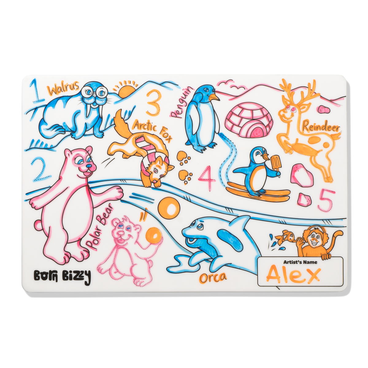 Colored children's drawing of arctic animals, numbers 1 to 5, and the name "Alex" on a white mat.