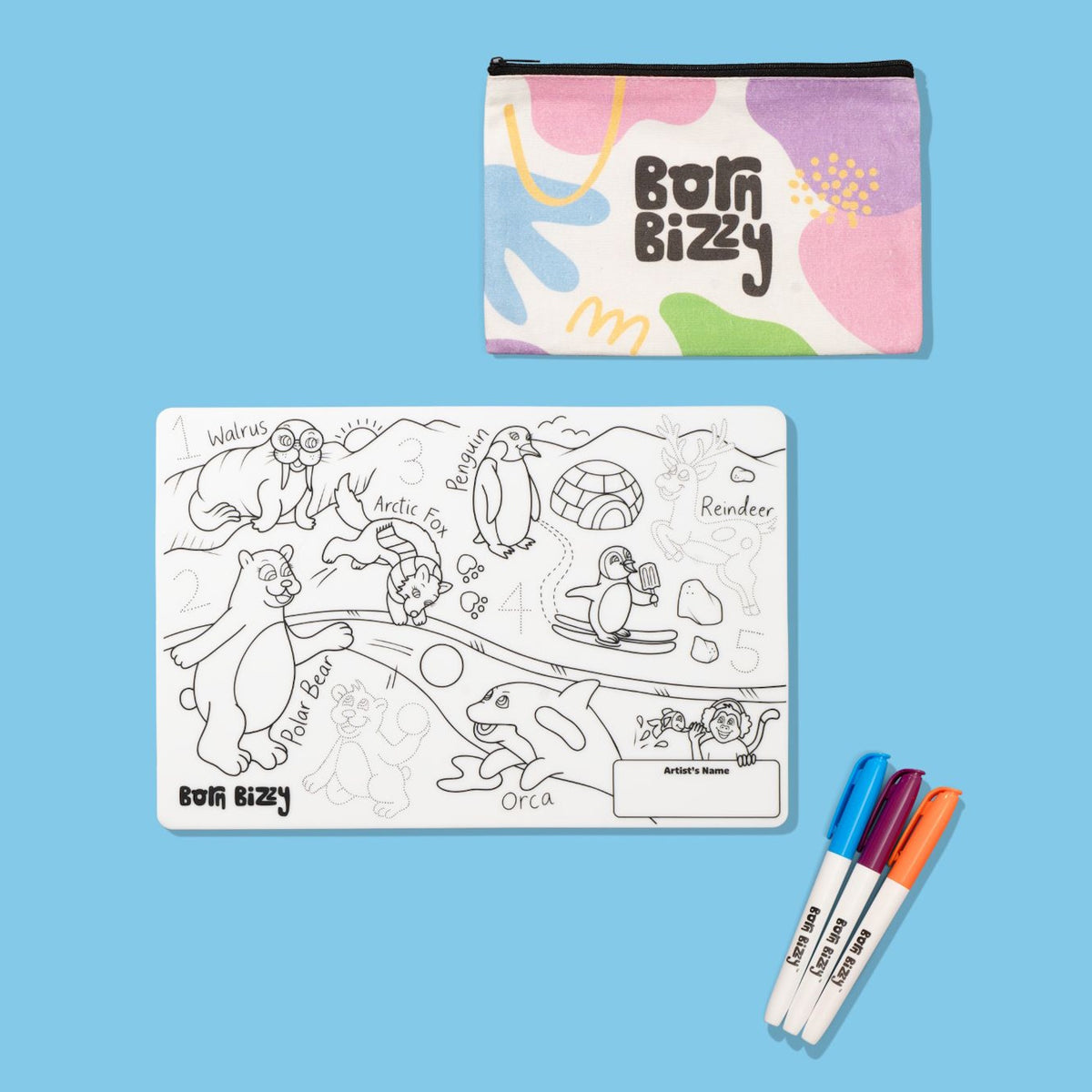 An activity set with a zippered pouch, a black-and-white animal coloring mat, and three markers on a blue background.