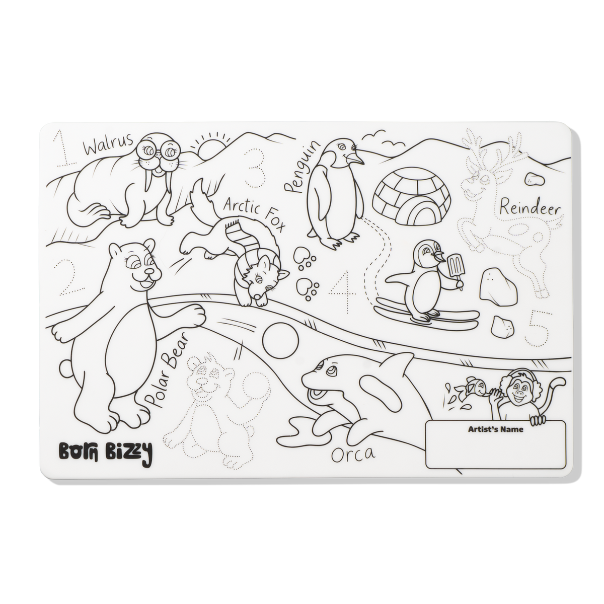 An uncolored children's activity mat with line art of polar animals, trace-and-write numbers, and an empty name box.