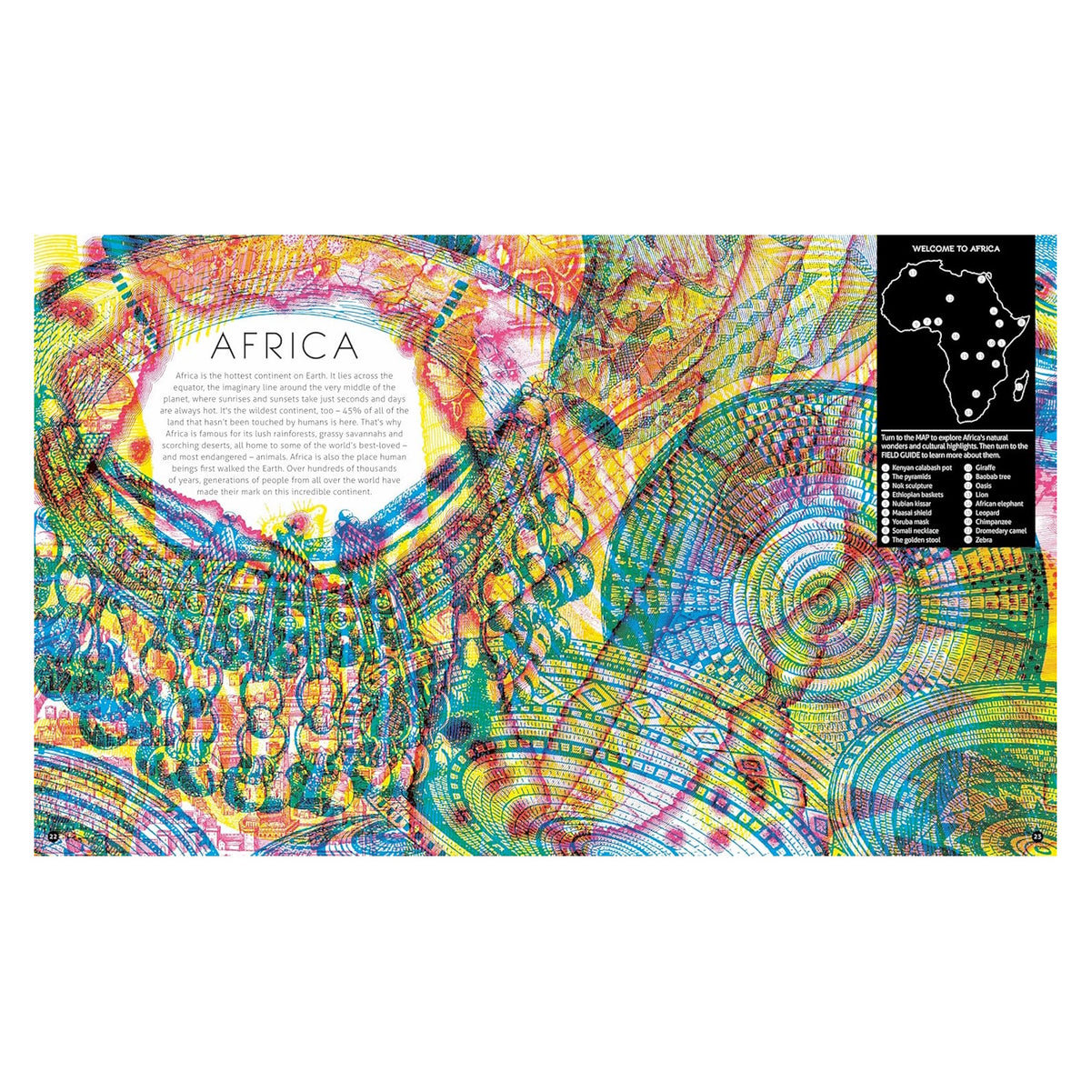 Colorful book spread about Africa featuring a map, cultural artifact illustrations, and descriptive educational text.