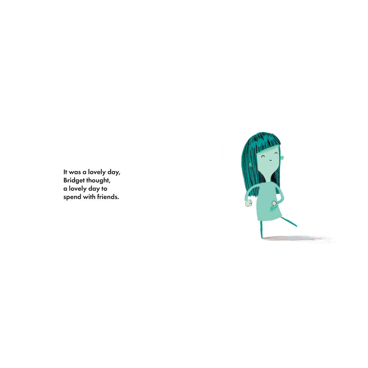 An illustration of a girl named Bridget walking happily on a white background with text about spending time with friends.