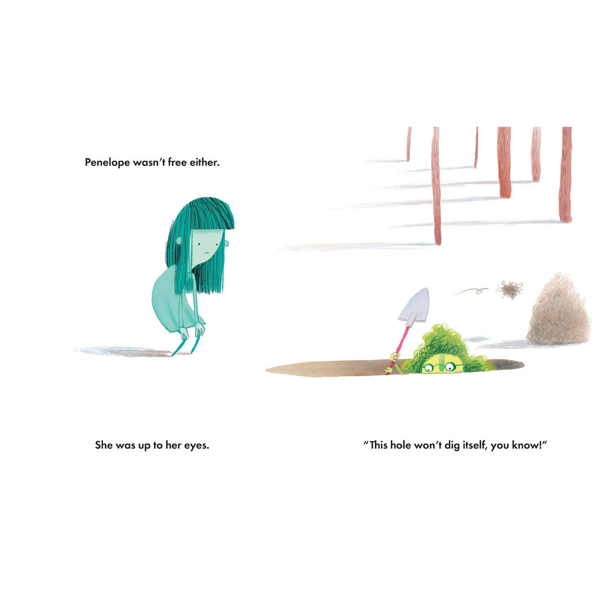 Illustration of a girl watching a green-haired character dig a hole, featuring minimalist art and storybook text.